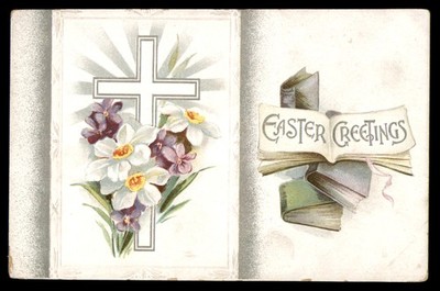 Postcard Easter Greetings, Flowers & Religious Symbolism