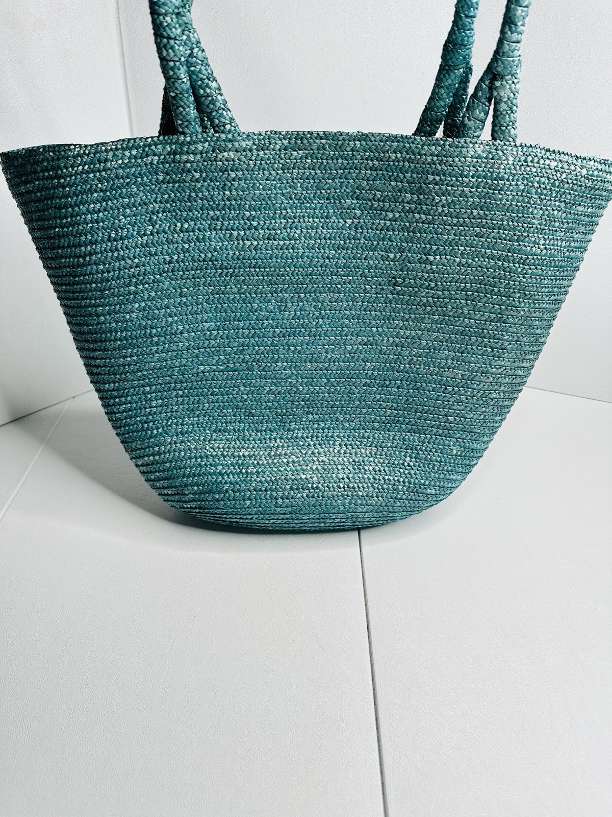 Teal Woven Natural Straw Tote Bag for Beach & Market-image