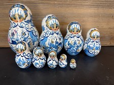 Russian Stacking Dolls - 9 Deep Blue Acrylic Paint Gold Trim