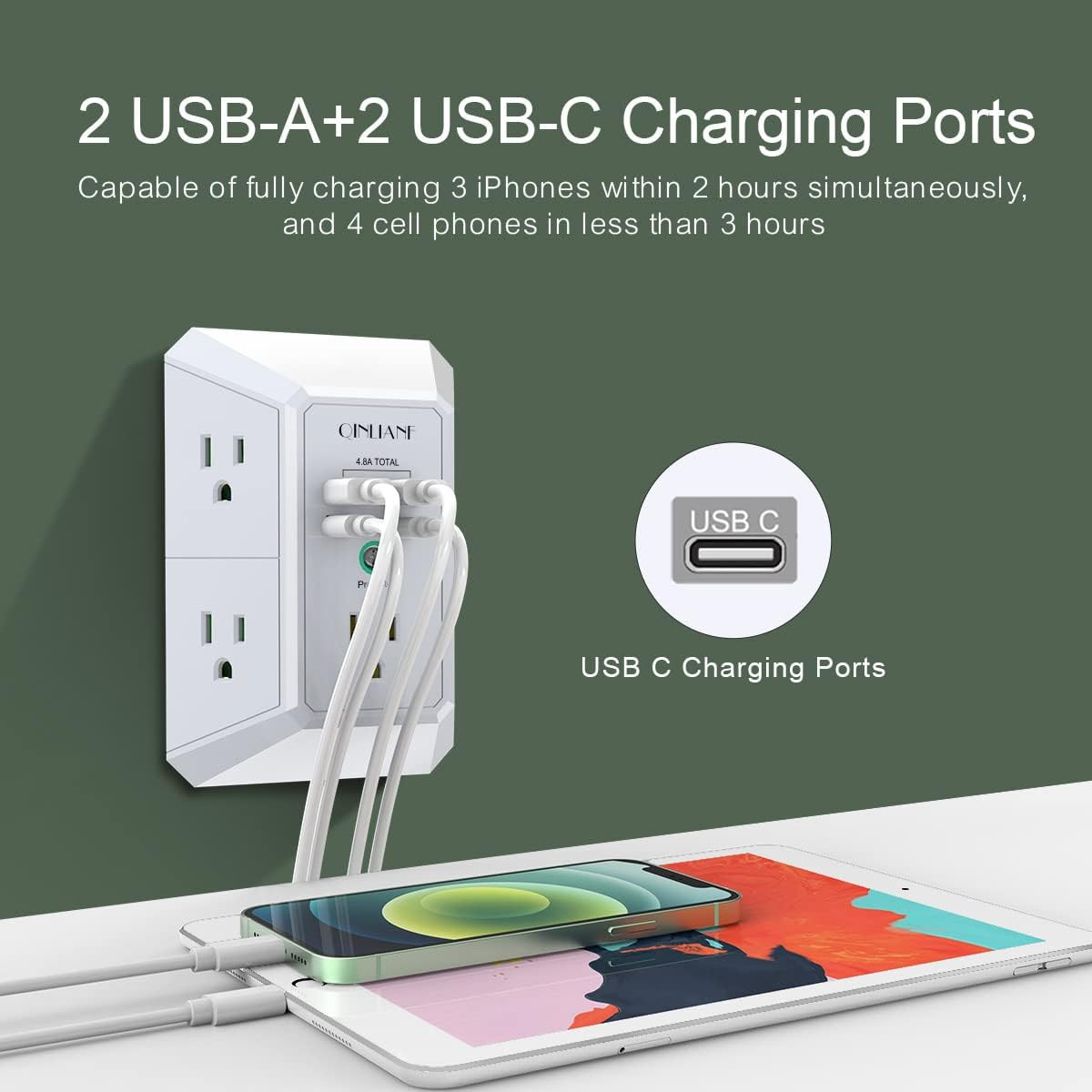 USB Wall Charger, Surge Protector, QINLIANF 5 Outlet Extender with 4 USB Chargin