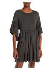 AQUA Womens Gray Short Bell Sleeve Scoop Neck Mini Baby Doll Dress XS