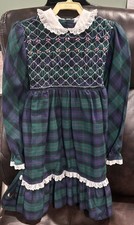Vintage Polly Flinders Girls 6X Plaid Smocked Dress Long Sleeve Blue Green