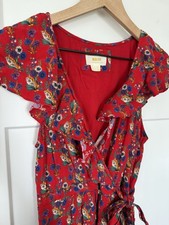 $150 Anthropologie Maeve Wrap Dress Red Floral Rosalia Ruffle Sleeveless Sz 6