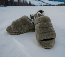 UGG Fluff Yeah Slides Sandals 1095119 Sheepskin Slingback Women Burnt Olive 8 US