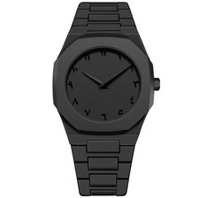 Black Arabic Numeral Analog Unisex Wristwatch Metal Band Round Casual with Box