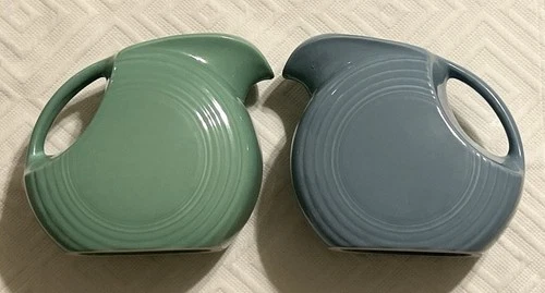 Lot 2 Fiesta Fiestaware Disc Pitcher Sea Mist Green Periwinkle Blue 7 X 8 Inches