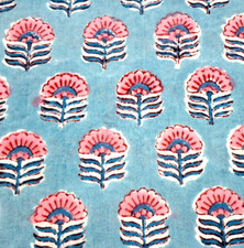 Blue Pink Block Print Fabric for Sewing By the Yard Floral Print Indian Fabric