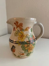 Vintage  Stoneware Pitcher Hand Painted  Cobalt Blue Bands flowers bird Signed