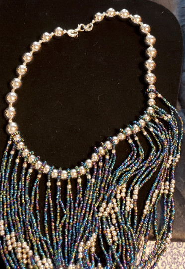 Dramatic Statement Necklace Black Silver Beaded B… - image 3