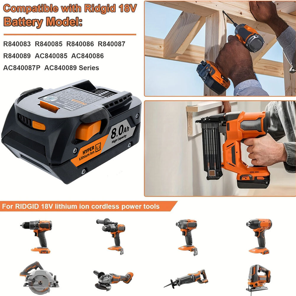 8Ah 18 Volt Hyper Lithium Battery For Ridgid 18V R840087 R840085 Rigid 18V Tools