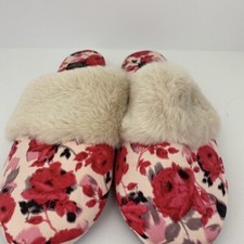 NWT VICTORIA' SECRET SATIN BEDROOM SLIPPERS PEONIES FLORAL Pink Red With Bag.