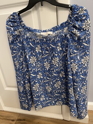 Loft Womens Top Blouse Soft, Blue, Black White  Flutter Long Sleeve Med NEW NWT