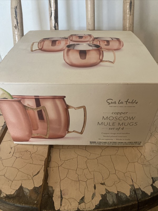 Sur La Table Copper Moscow Mule Set of 4 Four 16oz Mugs in opened box in storage