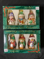 Vtg Holiday Time Mercury Glass Hand Penguin Snowmen Glass Ornaments - 2 Set of 3