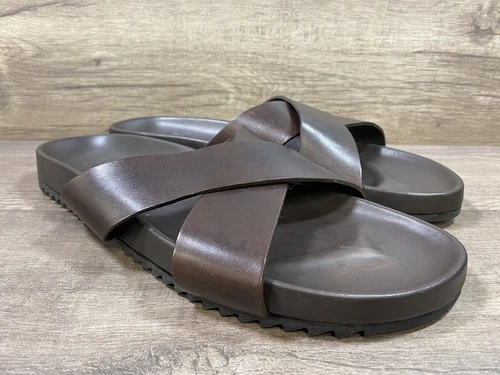 Grenson Carson Sandals Brown Leather Sliders Cross Strap Mens Size EU 11 US 12