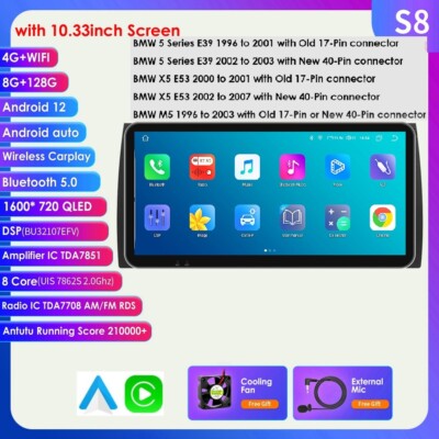 10.33'' Android 13 CarPlay Car Stereo Radio GPS Nav DSP For BMW E39 8+128GB BT5.0