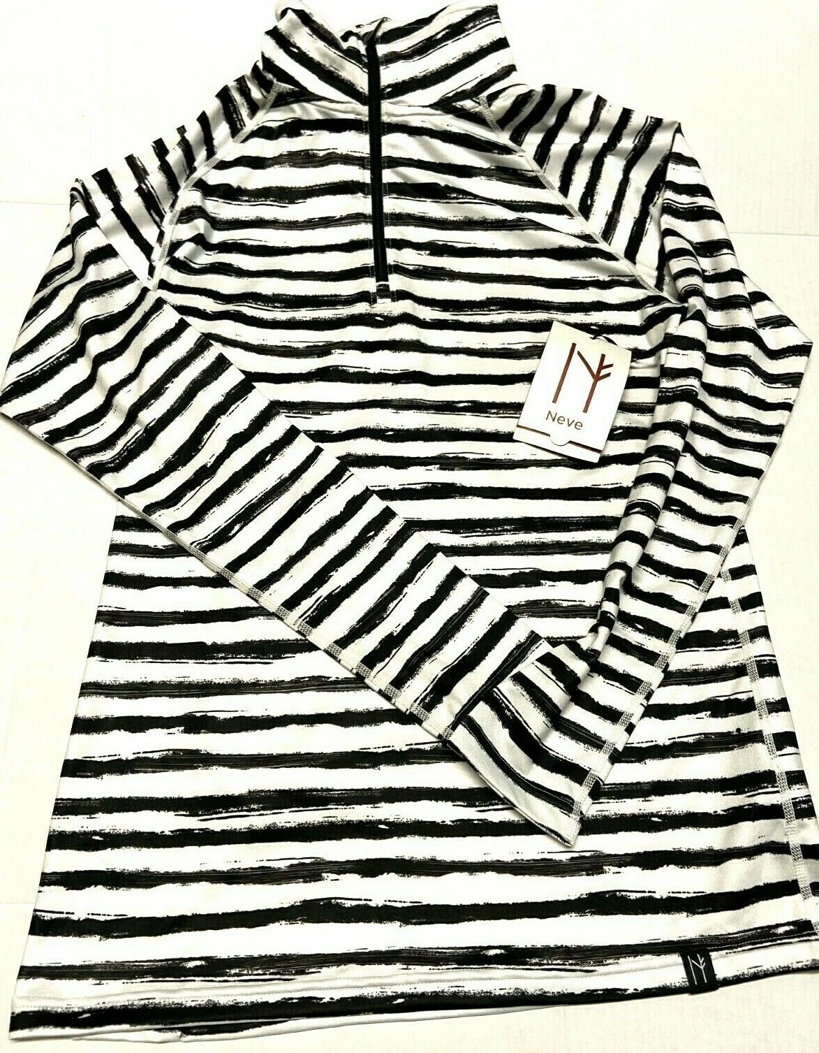 $100 Neve Stripe Zip Neck Top NWT Size XL Base Layer Poly Spandex Black White