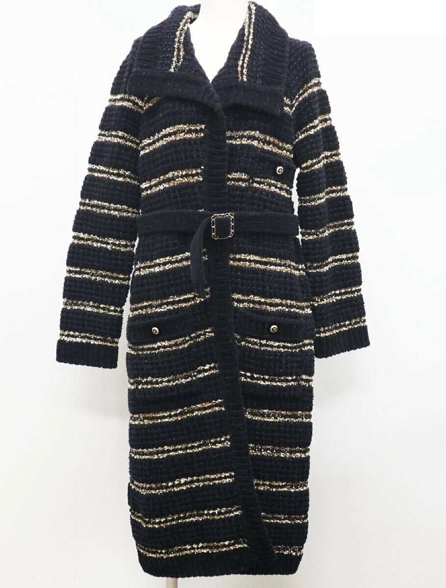 Cappotto CHANEL in maglia di lana con bordo taglia 38 nero oro con cintura abito esterno P64760K60668