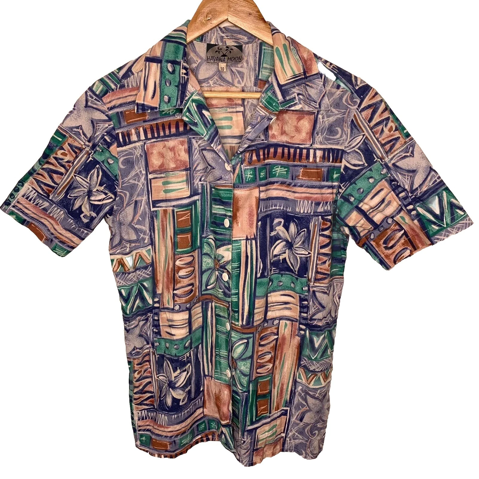Vintage 90s Button Up Shirt mens medium patterned short sleeve Havana Moon