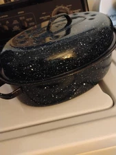 Oval Covered Roaster Dark Blue Speckled Enamel/Granite Ware Small 14.25 in Long