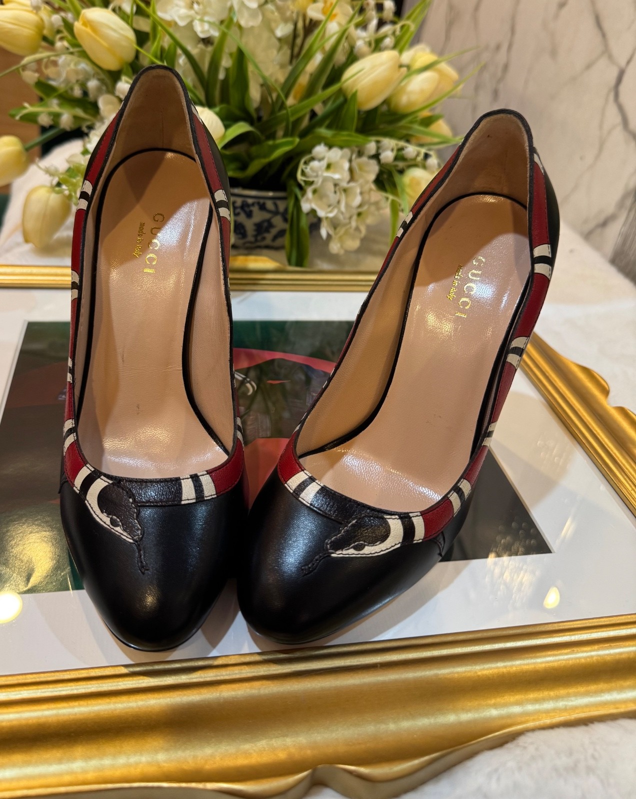 Black Gucci King Snake Leather Pumps 36