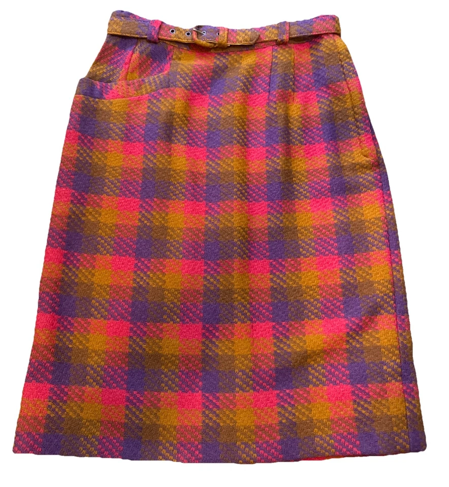 Falda de lana a cuadros Union Made Madras de colección EE. UU. AÑOS 70 rosa/púrpura a cuadros XS W24 Foto 2 de 4