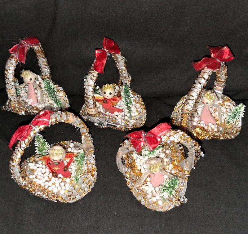 Lot of 5- VTG- Spun Cotton *ANGEL FOIL MESH BASKET XMAS PIXIE ORNAMENTS* Japan