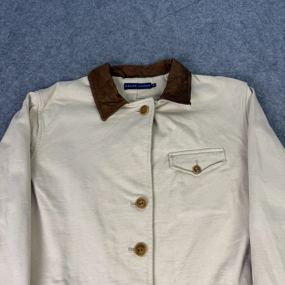 Chaqueta Ralph Lauren Mujer Mediana Beige Cuero Cuello Cinturón Abotonada Recortada Foto 2 de 4