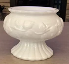Vtg White Milk Glass Ribbed Pedestal Planter/Vase Leaf & Flower Pattern
