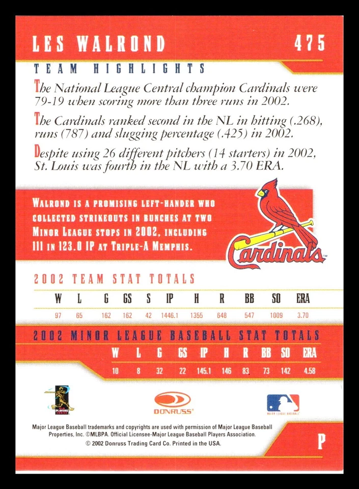 2003 Donruss Team Heroes Stat Line /142 Les Walrond #475 St Louis Cardinals - Image 2 of 2