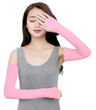 Women Outdoor Sun Block Soft Long Arm Sleeves Fingerless Gloves 1 Light Pink