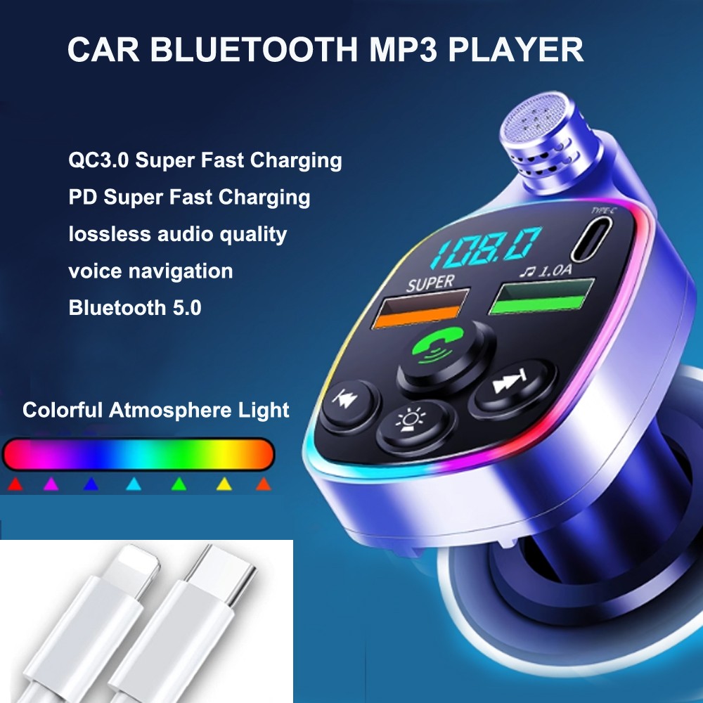Bluetooth 5.0 Car Type-C Dual USB Player Handsfree MP3 Charger PD QC3.0 Adapter