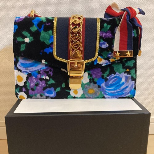 GUCCI Handbag Floral Velour Shoulder Bag Blue