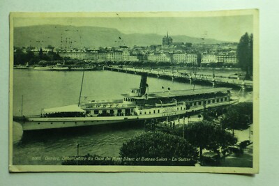 P192 Genf Anlegestelle des Quai du Mont Blanc und Bootslounge Postkarte