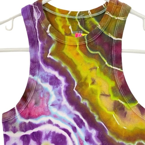 Geode Tie Dye Ribbed Tank Top Crop Womens Size XS High Neck Handmade Chartreuse - Picture 3 of 8