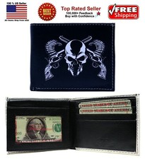 Two Revolver Guns Skull Head Leather Bi-Fold Bifold Wallet