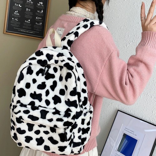 Cute Plush Cow Print Backpack Kawaii 