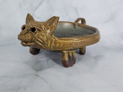 Brutalist Cat Sculpture Footed Dish Signed Peter Rose Wood Fired  Art Pottery