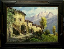 ANTICO GRANDE DIPINTO OLIO TELA R. Martini RUSTICO in VALTELLINA PAESAGGIO  '900