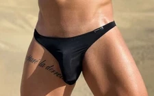 New Men's Sexy Summer Code Silky Black Bikini Brief w/Hang Free Pouch -Gay