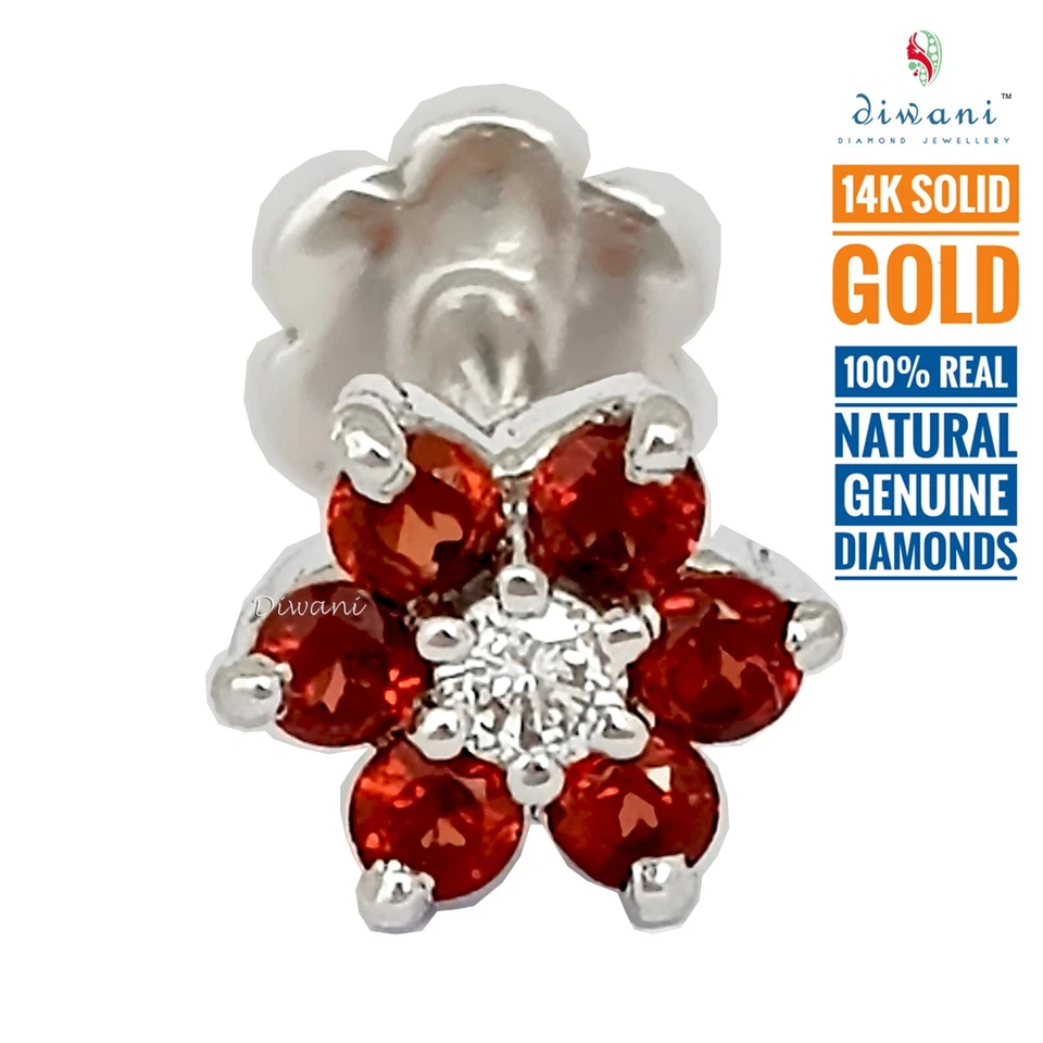 Tornillo perno perno perno labret labio nariz flor diamante natural 1 y 6 piedras preciosas Foto 4 de 4