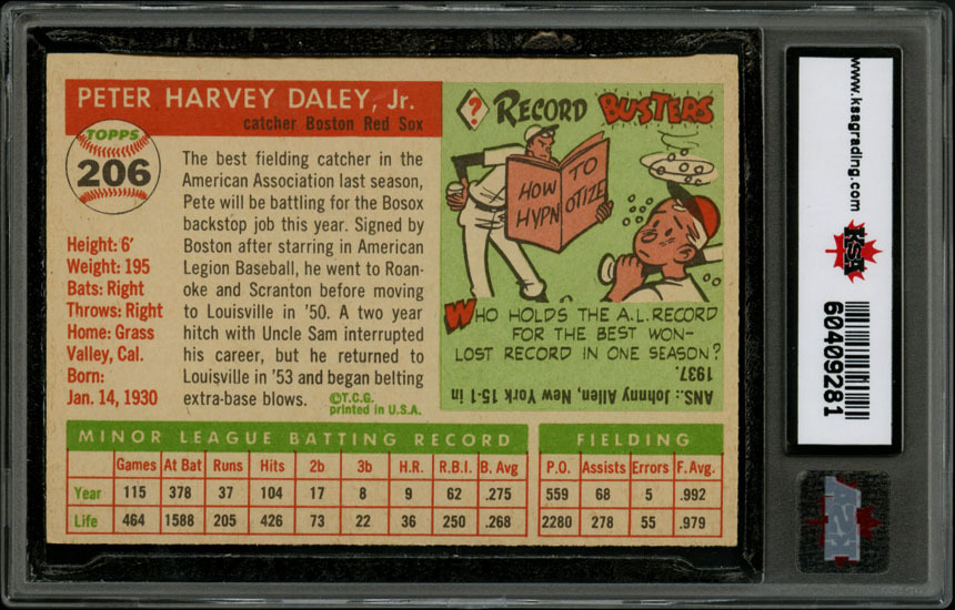 1955 TOPPS BASEBALL206PETE DALEYROOKIEBOSTON RED SOX KSA 8.5 NM