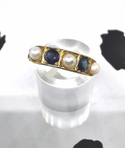 Ancienne BAGUE en or jaune 15 carats 0,50 ct saphir bleu et perle édouardienne (pas 18 carats) - Photo 5/19