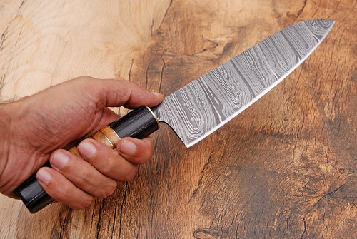HAND FORGED DAMASCUS STEEL CHEF KNIFE & BUFFALO HORN W/OLIVE WOOD HANDLE AH-1496 - Picture 5 of 5