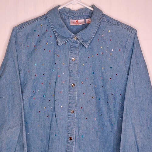 Quacker Factory Damen Medium Denim blau geknöpft Shirt Stones Taschen
