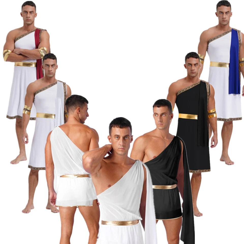 Men's Ancient Roman Greek Toga Halloween Costume One Shoulder Gold Trim Dress - Image 2 of 4
