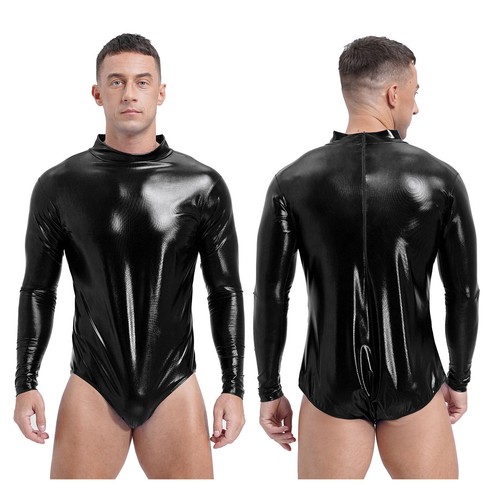 Mens Metallic Shiny Athletic Leotard Bodysuit Mock Neck Bodycon Yoga Jumpsuit - Picture 14 of 78