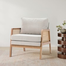 Modern Fabric Accent Chair Wood Frame& Rattan Armrest Fireside Sofa Armchair