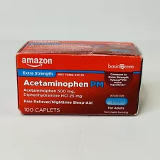 Amazon Basic Care Acetaminophen PM Caplets Pain 100 Caplets Exp 03/2025