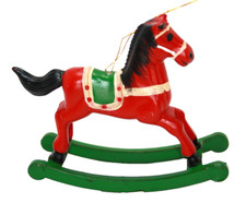 Vintage Christmas Ornament Rocking Horse Red Horse Green Rockers and Saddle